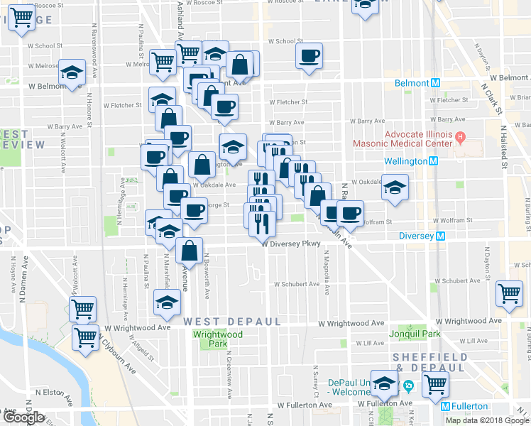 map of restaurants, bars, coffee shops, grocery stores, and more near 1343 West George Street in Chicago