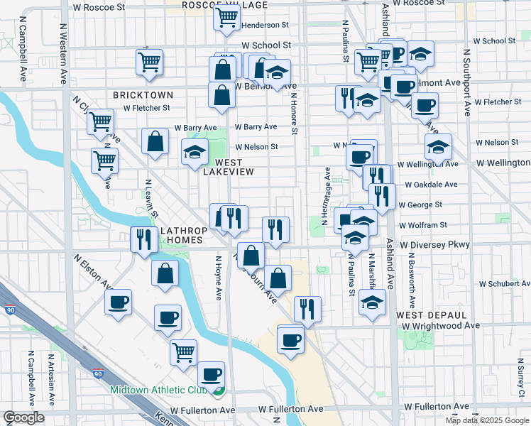 map of restaurants, bars, coffee shops, grocery stores, and more near 1917 West George Street in Chicago