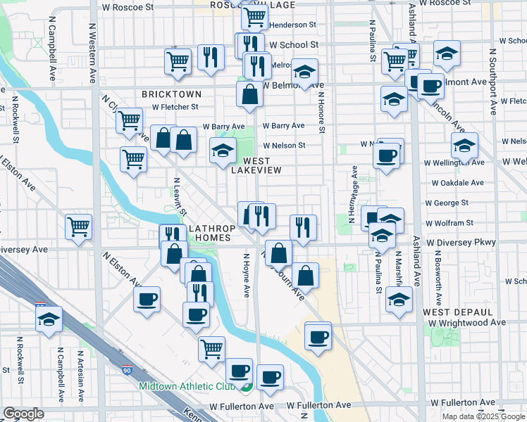 map of restaurants, bars, coffee shops, grocery stores, and more near 2857 North Damen Avenue in Chicago