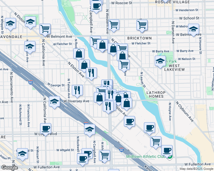 map of restaurants, bars, coffee shops, grocery stores, and more near in Chicago