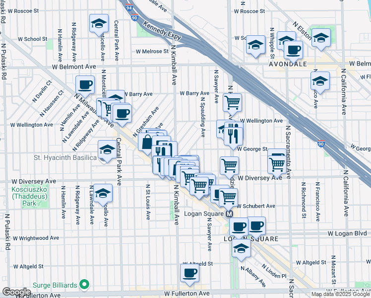 map of restaurants, bars, coffee shops, grocery stores, and more near 2868 North Woodard Street in Chicago