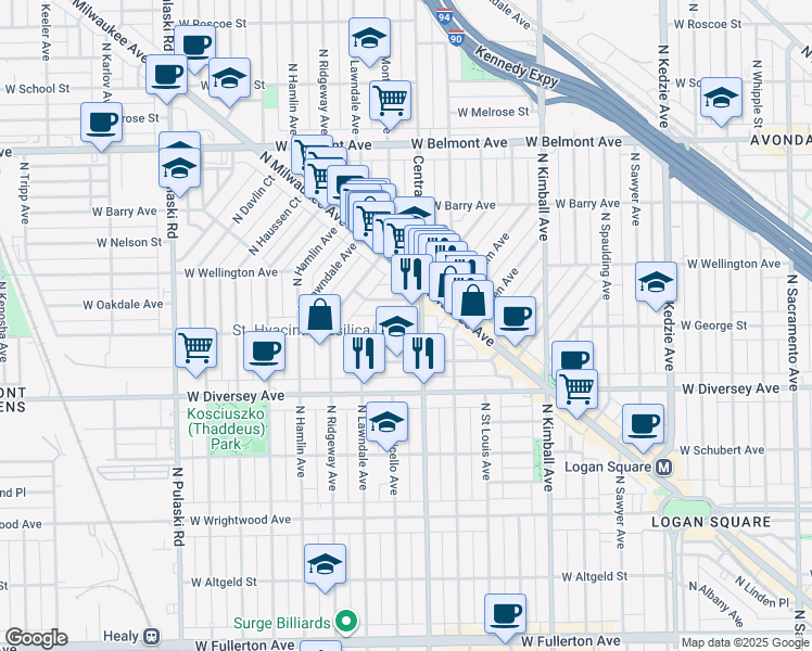 map of restaurants, bars, coffee shops, grocery stores, and more near 3630 West George Street in Chicago