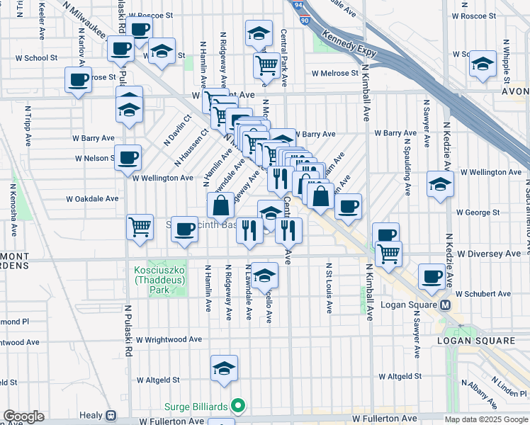 map of restaurants, bars, coffee shops, grocery stores, and more near 3630 West George Street in Chicago