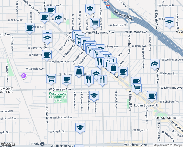 map of restaurants, bars, coffee shops, grocery stores, and more near 3630 West George Street in Chicago