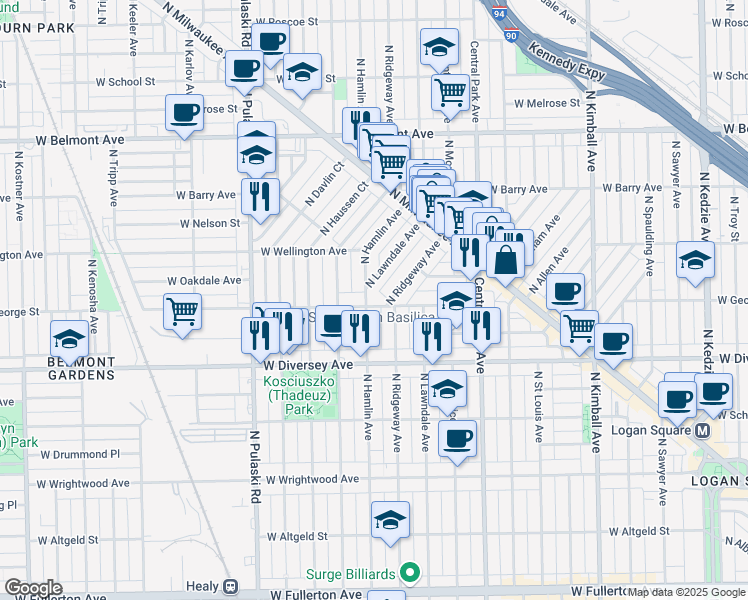map of restaurants, bars, coffee shops, grocery stores, and more near 2902 North Ridgeway Avenue in Chicago
