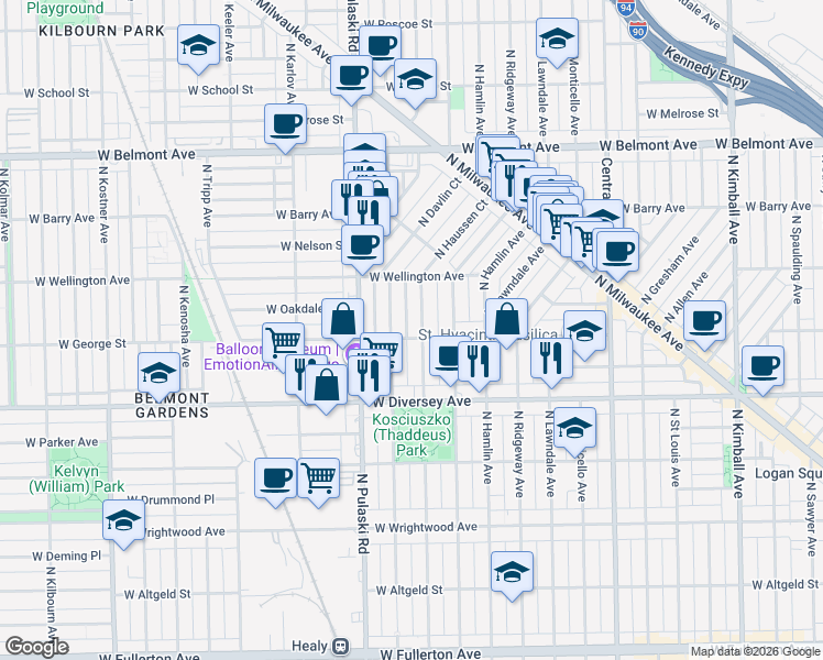 map of restaurants, bars, coffee shops, grocery stores, and more near 2907 North Springfield Avenue in Chicago