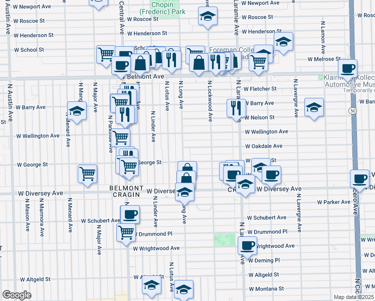 map of restaurants, bars, coffee shops, grocery stores, and more near 5339 West Oakdale Avenue in Chicago