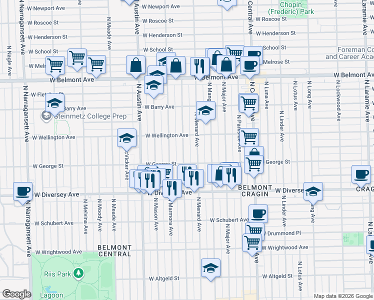 map of restaurants, bars, coffee shops, grocery stores, and more near 2930 North Monitor Avenue in Chicago