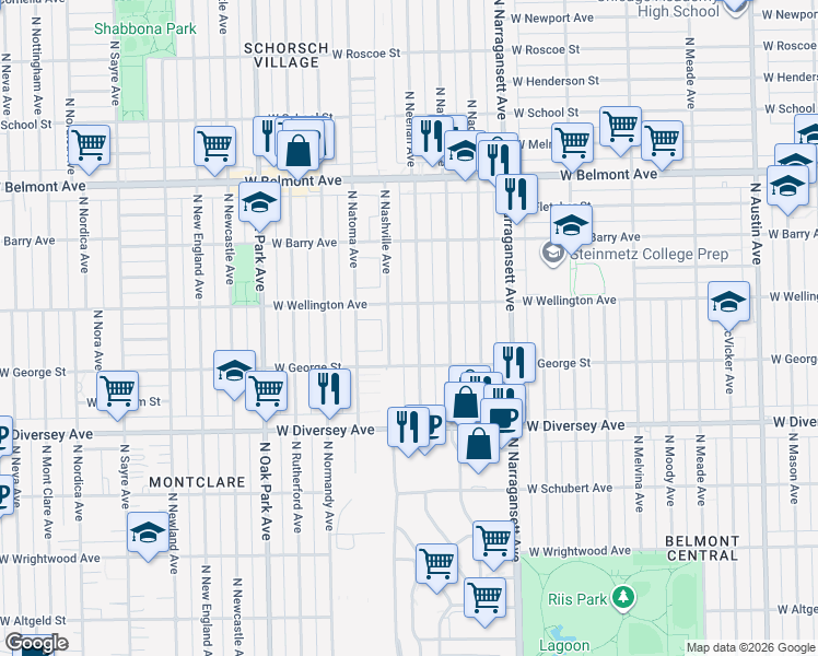 map of restaurants, bars, coffee shops, grocery stores, and more near 2943 North Nashville Avenue in Chicago