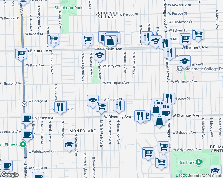 map of restaurants, bars, coffee shops, grocery stores, and more near 2942 North Normandy Avenue in Chicago