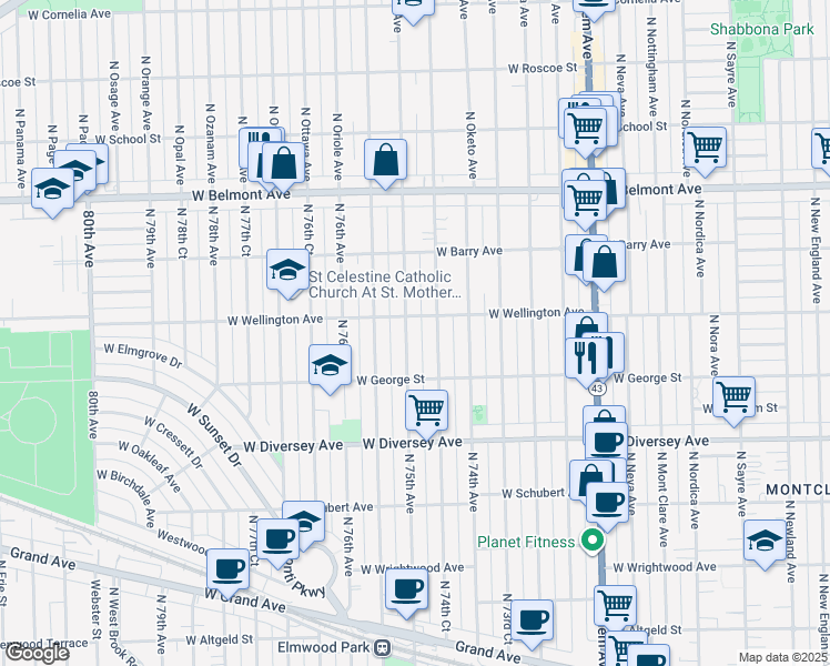 map of restaurants, bars, coffee shops, grocery stores, and more near 2936 North 74th Court in Elmwood Park