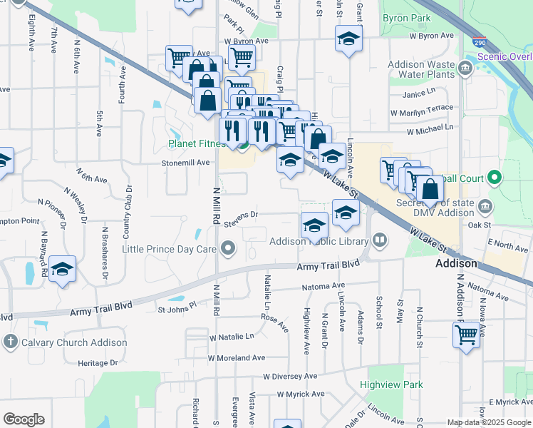 map of restaurants, bars, coffee shops, grocery stores, and more near 440 Stevens Drive in Addison