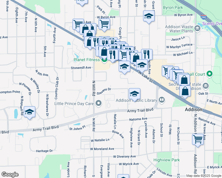 map of restaurants, bars, coffee shops, grocery stores, and more near 440 Stevens Drive in Addison