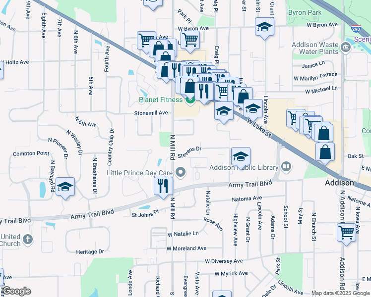 map of restaurants, bars, coffee shops, grocery stores, and more near in Addison