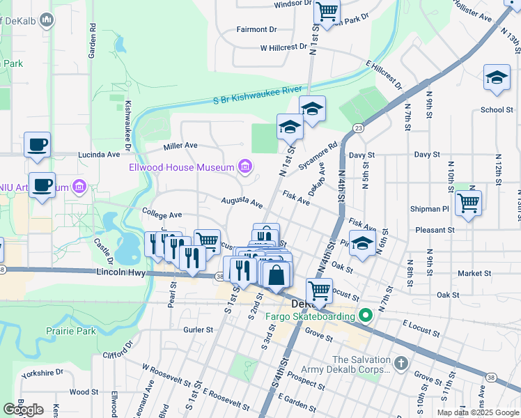 map of restaurants, bars, coffee shops, grocery stores, and more near 136 Augusta Avenue in DeKalb