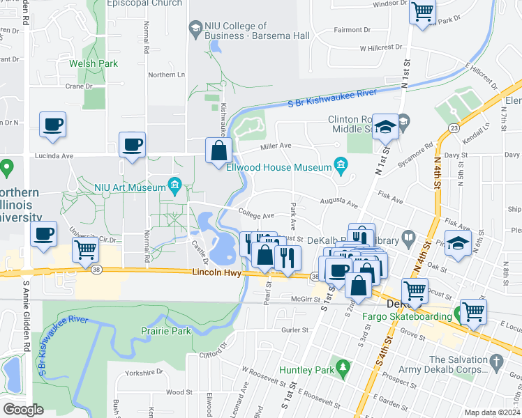 map of restaurants, bars, coffee shops, grocery stores, and more near 431 College Avenue in DeKalb