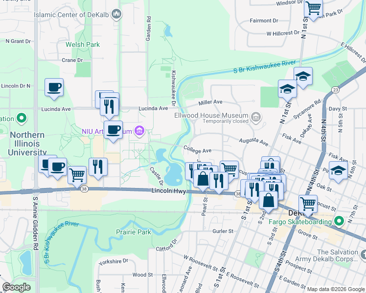 map of restaurants, bars, coffee shops, grocery stores, and more near 515 College Avenue in DeKalb