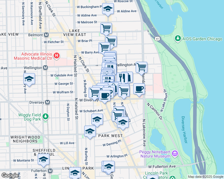 map of restaurants, bars, coffee shops, grocery stores, and more near 555 West Surf Street in Chicago