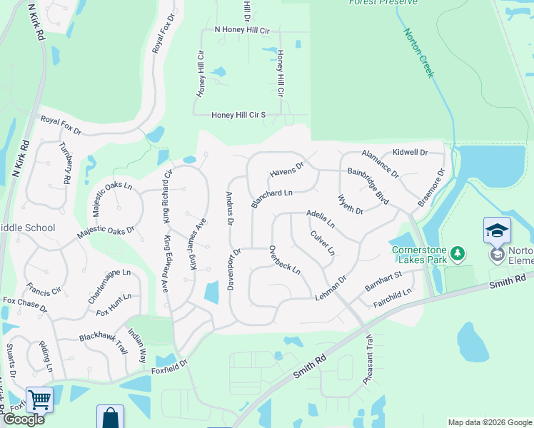 map of restaurants, bars, coffee shops, grocery stores, and more near 2950 Overbeck Lane in West Chicago