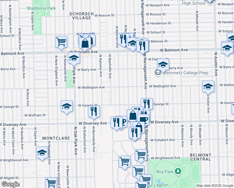 map of restaurants, bars, coffee shops, grocery stores, and more near 2943 North Nashville Avenue in Chicago