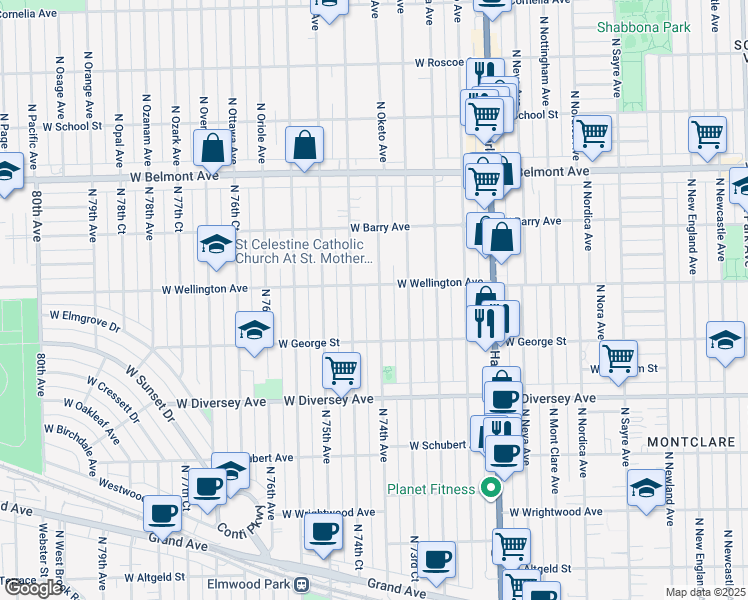map of restaurants, bars, coffee shops, grocery stores, and more near 2934 North 74th Avenue in Elmwood Park