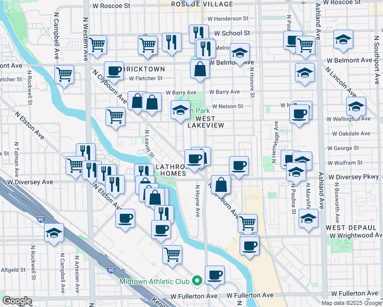 map of restaurants, bars, coffee shops, grocery stores, and more near 2029 West George Street in Chicago