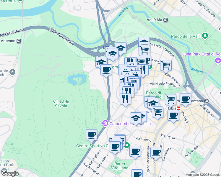 map of restaurants, bars, coffee shops, grocery stores, and more near 21 Via Nerola in Roma