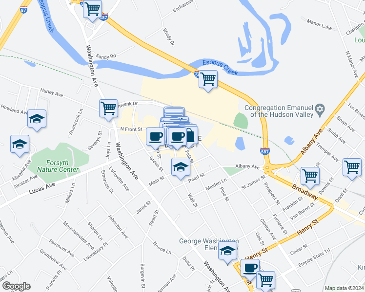 map of restaurants, bars, coffee shops, grocery stores, and more near 33 John St in Kingston