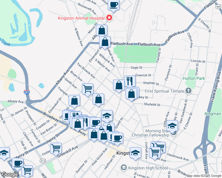 map of restaurants, bars, coffee shops, grocery stores, and more near 112 Ten Broeck Avenue in Kingston