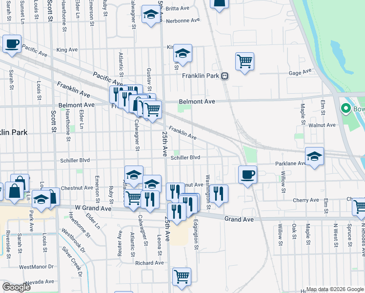 map of restaurants, bars, coffee shops, grocery stores, and more near 3021 Pearl Street in Franklin Park