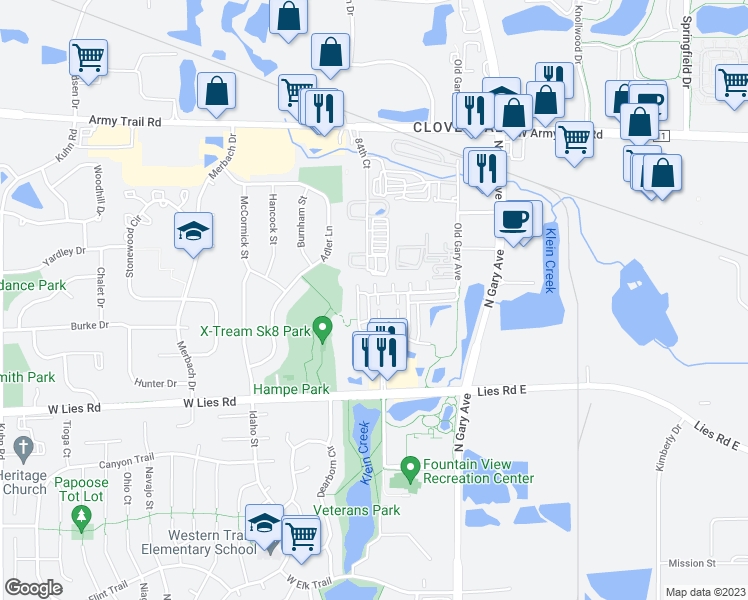 map of restaurants, bars, coffee shops, grocery stores, and more near 188 Goldenhill Street in Carol Stream
