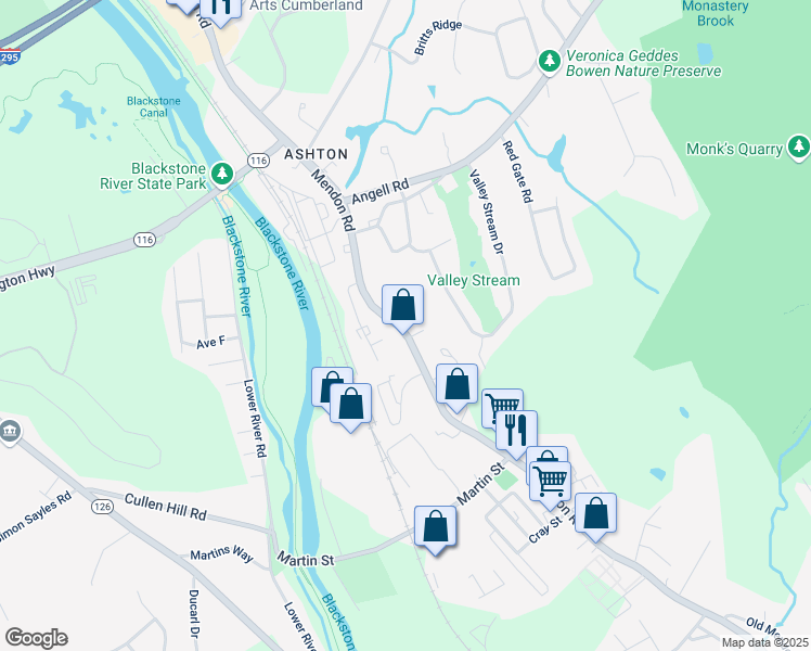 map of restaurants, bars, coffee shops, grocery stores, and more near 1317 Mendon Road in Cumberland