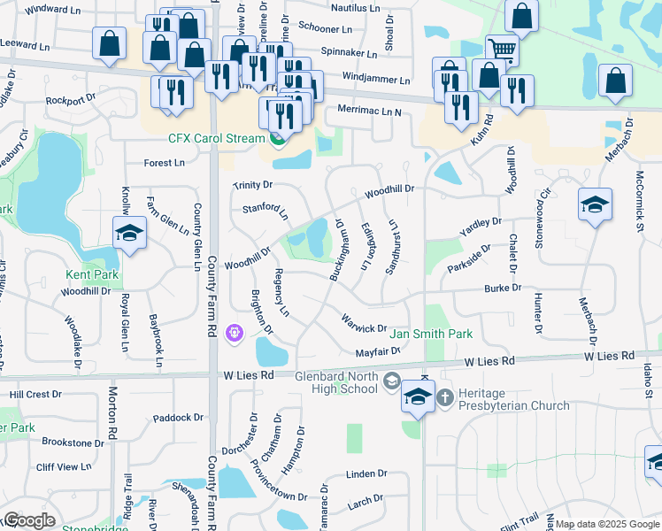 map of restaurants, bars, coffee shops, grocery stores, and more near 1118 Buckingham Drive in Carol Stream