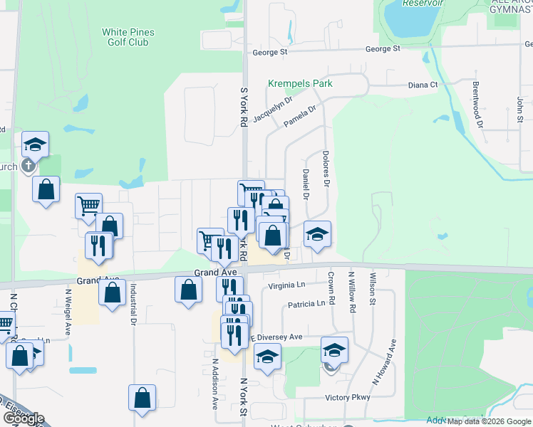 map of restaurants, bars, coffee shops, grocery stores, and more near 1043 South York Road in Bensenville