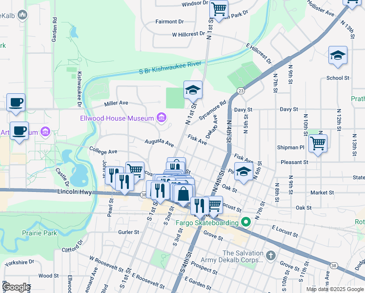 map of restaurants, bars, coffee shops, grocery stores, and more near 404 North 1st Street in DeKalb