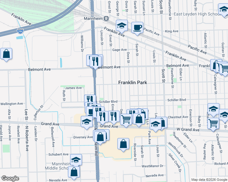 map of restaurants, bars, coffee shops, grocery stores, and more near 3029 Ernst Street in Franklin Park