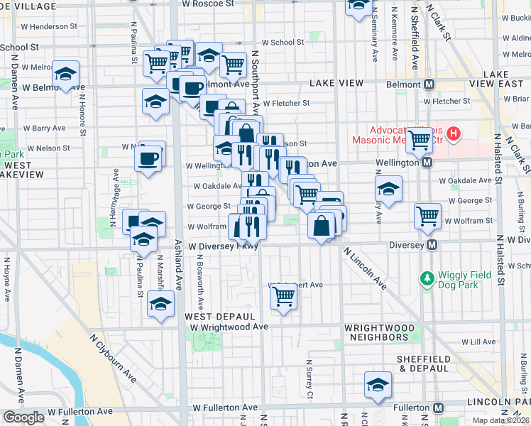 map of restaurants, bars, coffee shops, grocery stores, and more near 2851 North Southport Avenue in Chicago