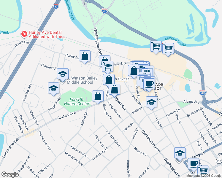 map of restaurants, bars, coffee shops, grocery stores, and more near 357 Washington Avenue in Kingston