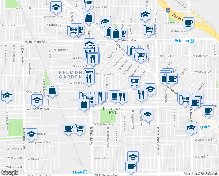 map of restaurants, bars, coffee shops, grocery stores, and more near 2907 North Springfield Avenue in Chicago
