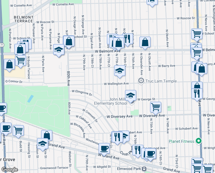 map of restaurants, bars, coffee shops, grocery stores, and more near 2942 North 77th Court in Chicago