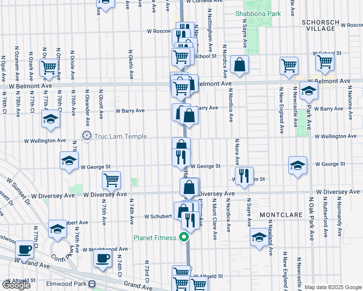 map of restaurants, bars, coffee shops, grocery stores, and more near 2936 North Harlem Avenue in Elmwood Park