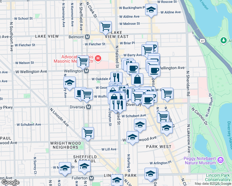 map of restaurants, bars, coffee shops, grocery stores, and more near 2842 North Halsted Street in Chicago