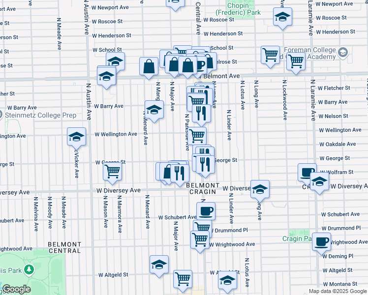 map of restaurants, bars, coffee shops, grocery stores, and more near 2928 N Parkside Ave in Chicago