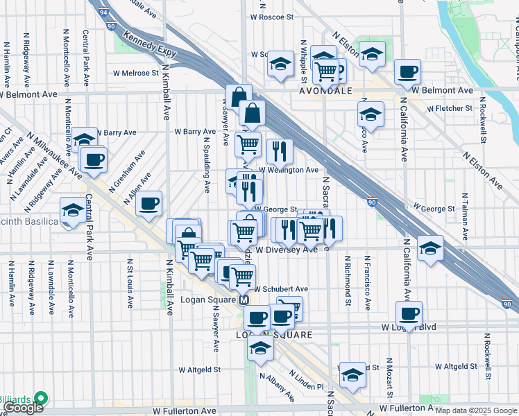 map of restaurants, bars, coffee shops, grocery stores, and more near 3146 West George Street in Chicago