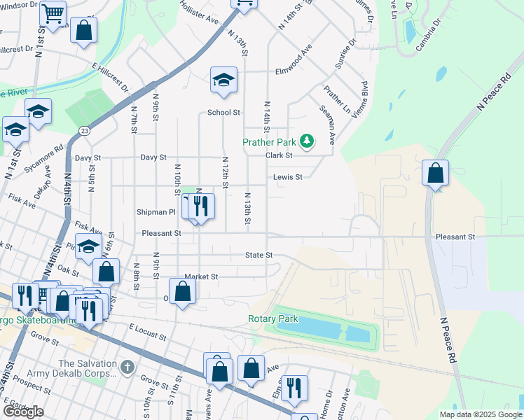 map of restaurants, bars, coffee shops, grocery stores, and more near 631 North 14th Street in DeKalb