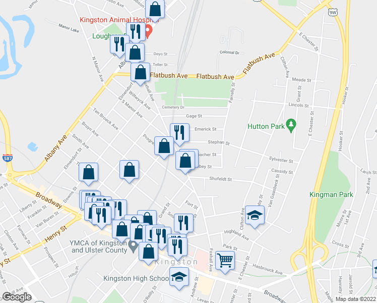 map of restaurants, bars, coffee shops, grocery stores, and more near 19 Derrenbacher Street in Kingston