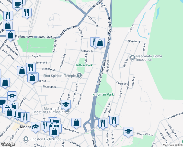 map of restaurants, bars, coffee shops, grocery stores, and more near 258 East Chester Street in Kingston