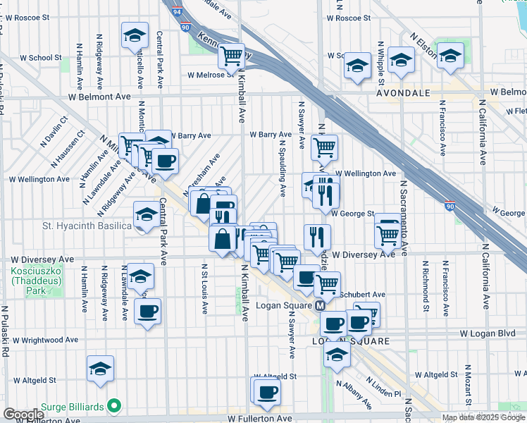 map of restaurants, bars, coffee shops, grocery stores, and more near 2868 North Woodard Street in Chicago