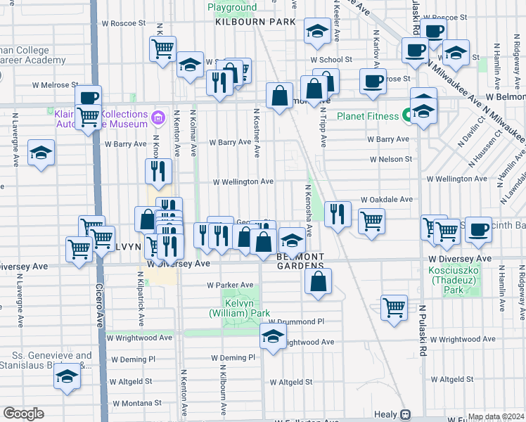 map of restaurants, bars, coffee shops, grocery stores, and more near 2913 North Kostner Avenue in Chicago