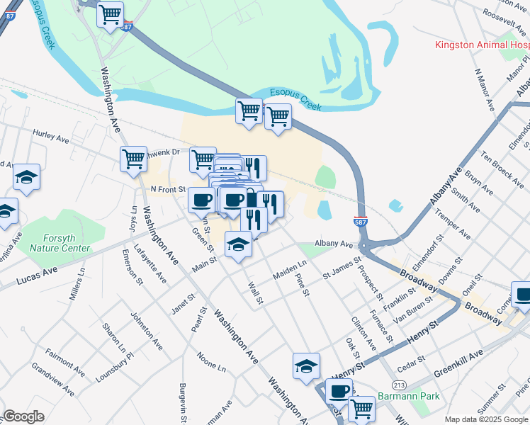 map of restaurants, bars, coffee shops, grocery stores, and more near 2 John Street in Kingston